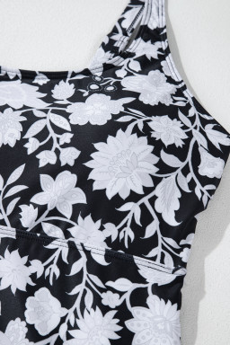 Black Plus Size Floral Print Drawstring Ruffled Tankini Set
