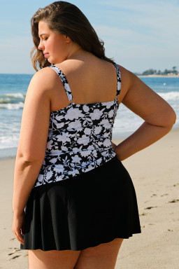 Black Plus Size Floral Print Drawstring Ruffled Tankini Set