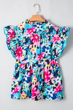 Blue Floral Flutter Sleeve Tied Notched Neck Plus Size Blouse