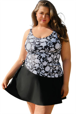 Black Plus Size Floral Print Drawstring Ruffled Tankini Set