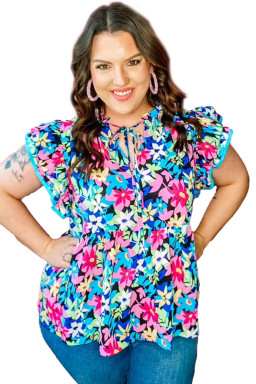 Blue Floral Flutter Sleeve Tied Notched Neck Plus Size Blouse