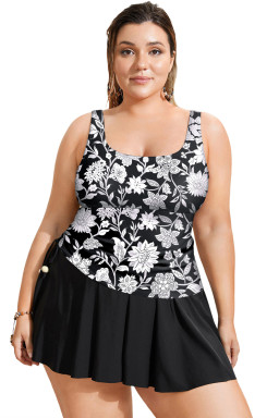 Black Plus Size Floral Print Drawstring Ruffled Tankini Set