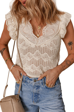 Beige Embroidered Patchwork Ruffle Hollow Out Knitted Top