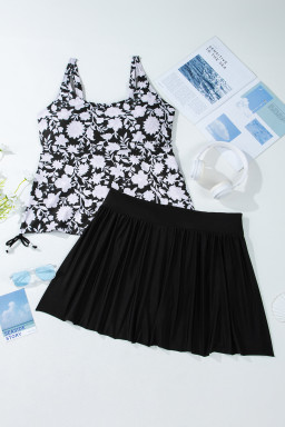 Black Plus Size Floral Print Drawstring Ruffled Tankini Set