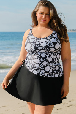 Black Plus Size Floral Print Drawstring Ruffled Tankini Set