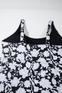 Black Plus Size Floral Print Drawstring Ruffled Tankini Set