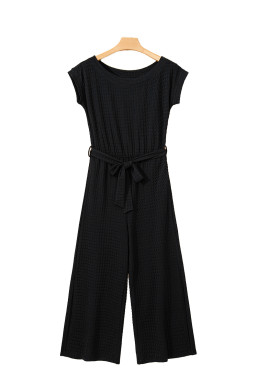 Black Checkered Mesh One Shoulder Short Sleeve Knotted Waist Jumpsuit