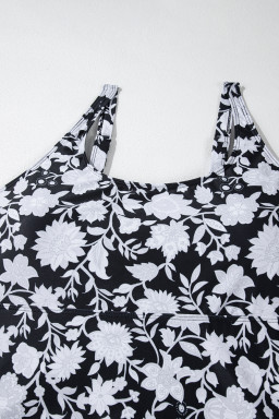 Black Plus Size Floral Print Drawstring Ruffled Tankini Set