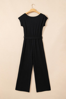 Black Checkered Mesh One Shoulder Short Sleeve Knotted Waist Jumpsuit