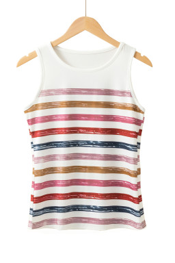 Red Rainbow Striped Round Neck Tank Top