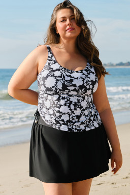 Black Plus Size Floral Print Drawstring Ruffled Tankini Set