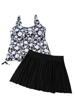 Black Plus Size Floral Print Drawstring Ruffled Tankini Set