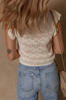 Beige Embroidered Patchwork Ruffle Hollow Out Knitted Top