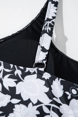 Black Plus Size Floral Print Drawstring Ruffled Tankini Set