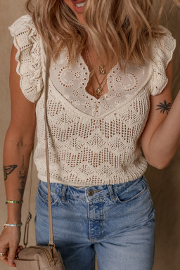 Beige Embroidered Patchwork Ruffle Hollow Out Knitted Top