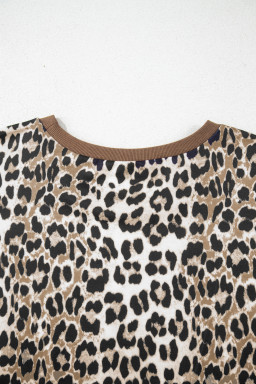 Khaki Leopard Contrast Trim Short Sleeve Loose Plus Size Top