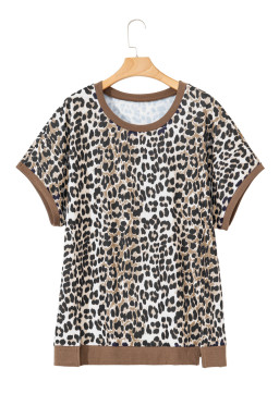 Khaki Leopard Contrast Trim Short Sleeve Loose Plus Size Top
