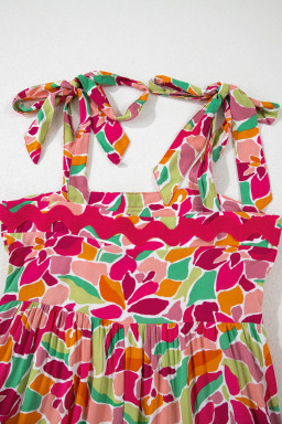 Multicolour Floral Tie Straps Ricrac Trim Maxi Dress