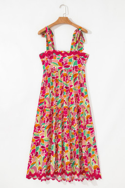 Multicolour Floral Tie Straps Ricrac Trim Maxi Dress