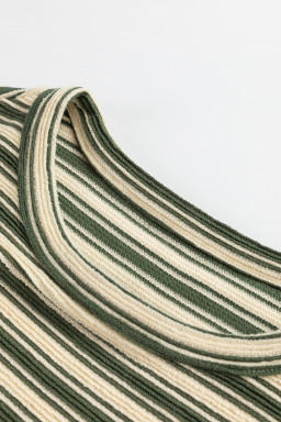 Green Stripe Textured Side Slit Crew Neck T Shirt