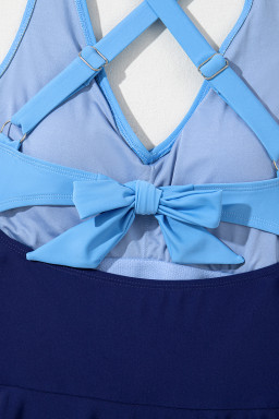 Navy Blue Criss Cross Straps Tie Backless Flared One Piece Swimsuit