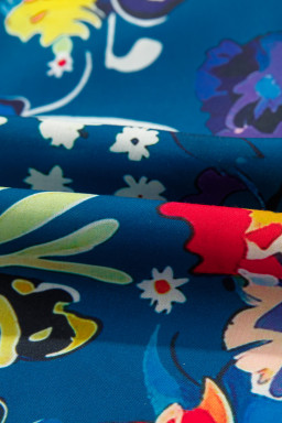 Blue Flower Print Notch V Neck Puff Sleeve Babydoll Blouse