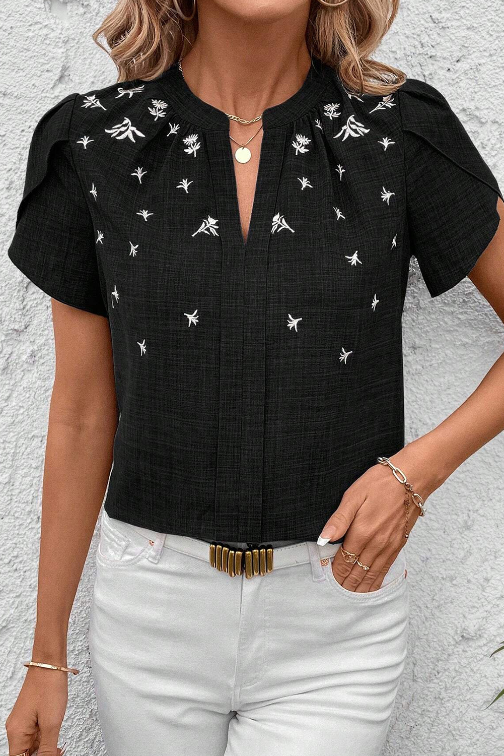 Black Floral V Neck Tulip Sleeve Top