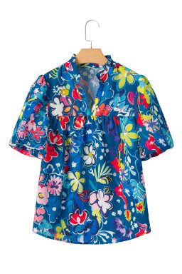 Blue Flower Print Notch V Neck Puff Sleeve Babydoll Blouse