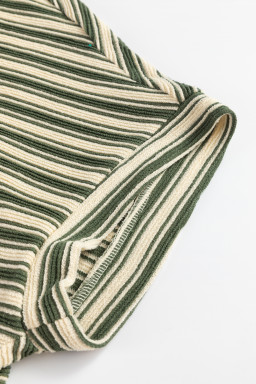 Green Stripe Textured Side Slit Crew Neck T Shirt