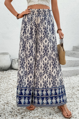Blue Ethnic Print High Waist Wide Leg Loose Pants