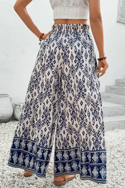 Blue Ethnic Print High Waist Wide Leg Loose Pants