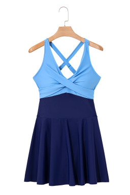 Navy Blue Criss Cross Straps Tie Backless Flared One Piece Swimsuit