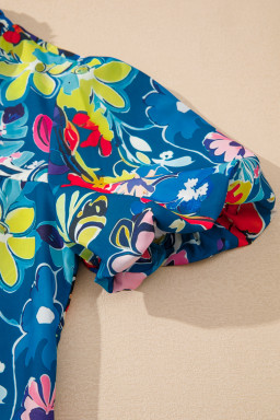 Blue Flower Print Notch V Neck Puff Sleeve Babydoll Blouse