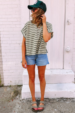 Green Stripe Textured Side Slit Crew Neck T Shirt