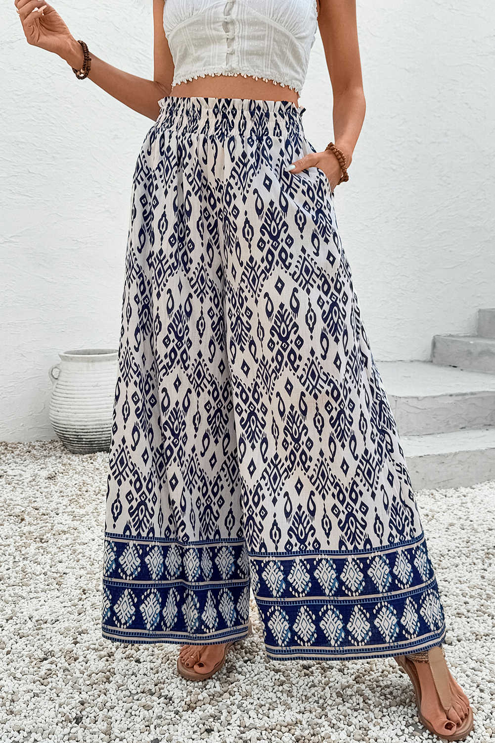 Blue Ethnic Print High Waist Wide Leg Loose Pants