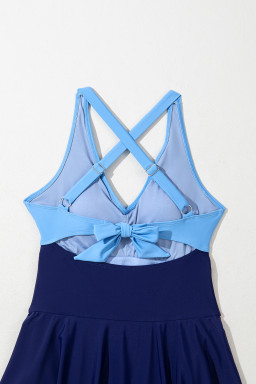 Navy Blue Criss Cross Straps Tie Backless Flared One Piece Swimsuit