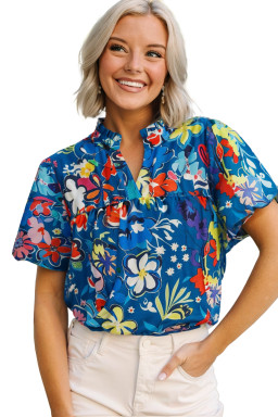Blue Flower Print Notch V Neck Puff Sleeve Babydoll Blouse