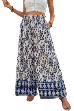 Blue Ethnic Print High Waist Wide Leg Loose Pants