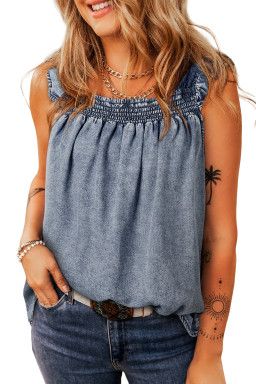 Ashleigh Blue Smocked Neck Frill Denim Sleeveless Top