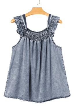 Ashleigh Blue Smocked Neck Frill Denim Sleeveless Top
