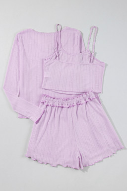 Orchid Petal Delicate Texture Cropped Cami Shorts and Cardigan 3pcs Lounge Set