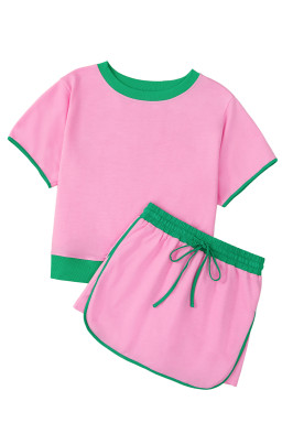 Bonbon Colorblock Edge Drop Shoulder T Shirt and Skort Set