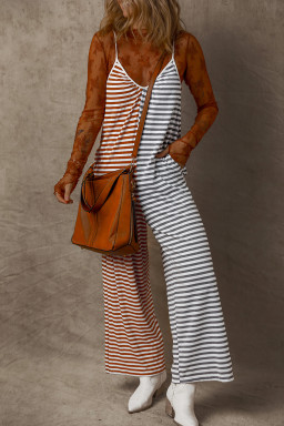 Yellow Stripe Color Block Spaghetti Strap Backless Overall