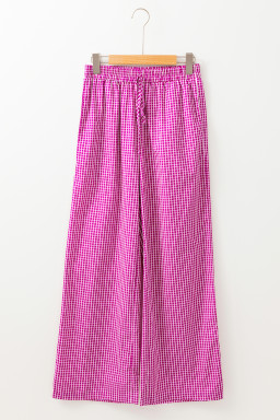 Pink Plaid Print Drawstring High Waist Wide Leg Casual Pocket Pants