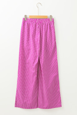 Pink Plaid Print Drawstring High Waist Wide Leg Casual Pocket Pants