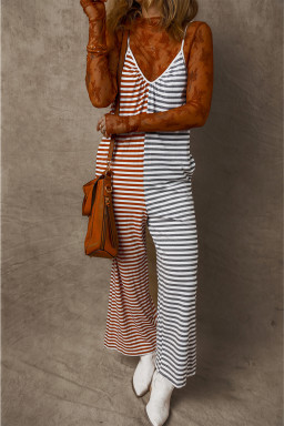 Yellow Stripe Color Block Spaghetti Strap Backless Overall