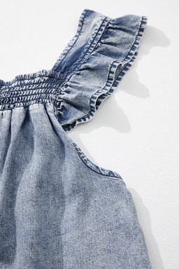 Ashleigh Blue Smocked Neck Frill Denim Sleeveless Top