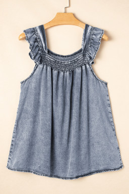 Ashleigh Blue Smocked Neck Frill Denim Sleeveless Top