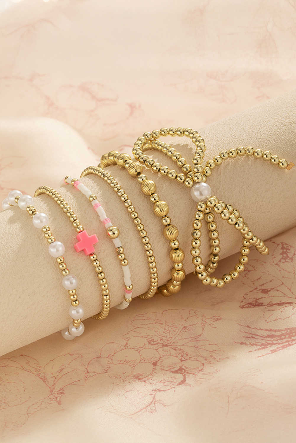 Gold Bow Pearl Cross Beaded Bracelet Set