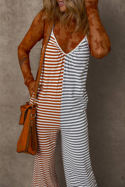 Yellow Stripe Color Block Spaghetti Strap Backless Overall